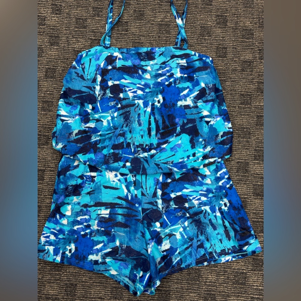 St. Tropez Romper Style Swimwear in Blues and White Abstract Print sz 10 - Picture 4 of 12